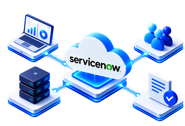 ServiceNow cloud connected to workflows, teams, and enterprise systems