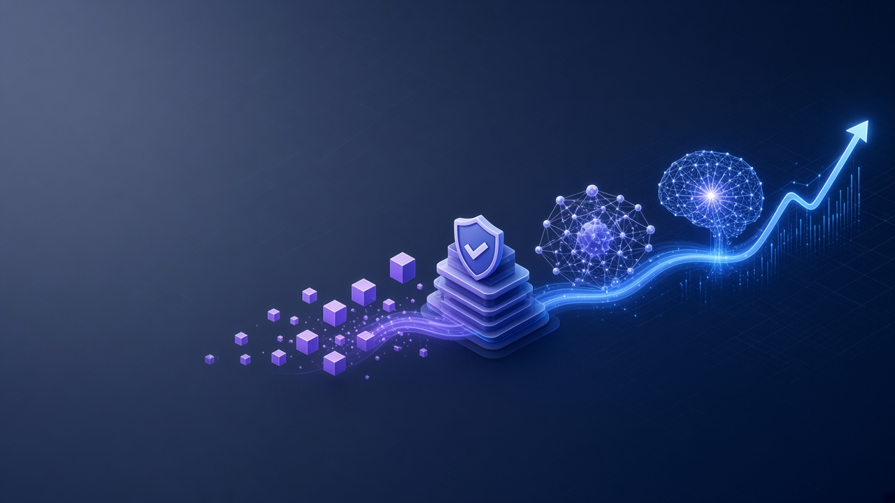 Data moving through a governed layer into analytics and a rising outcome