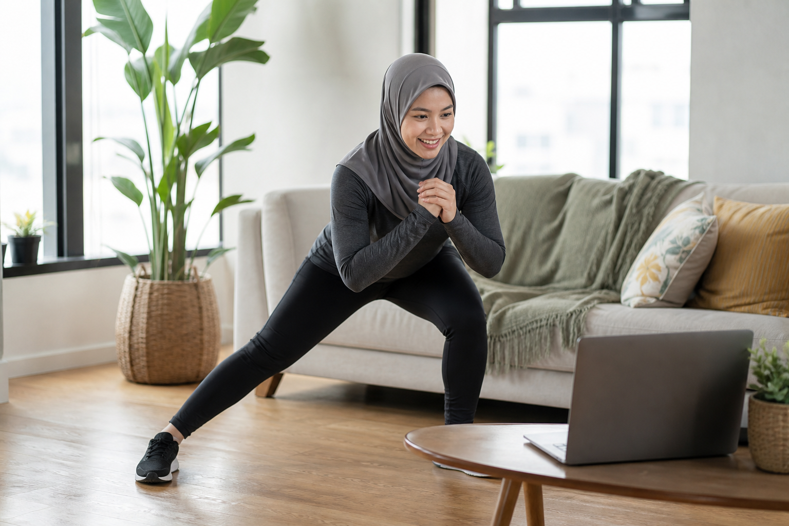Virtual fitness training session followed from a laptop at home